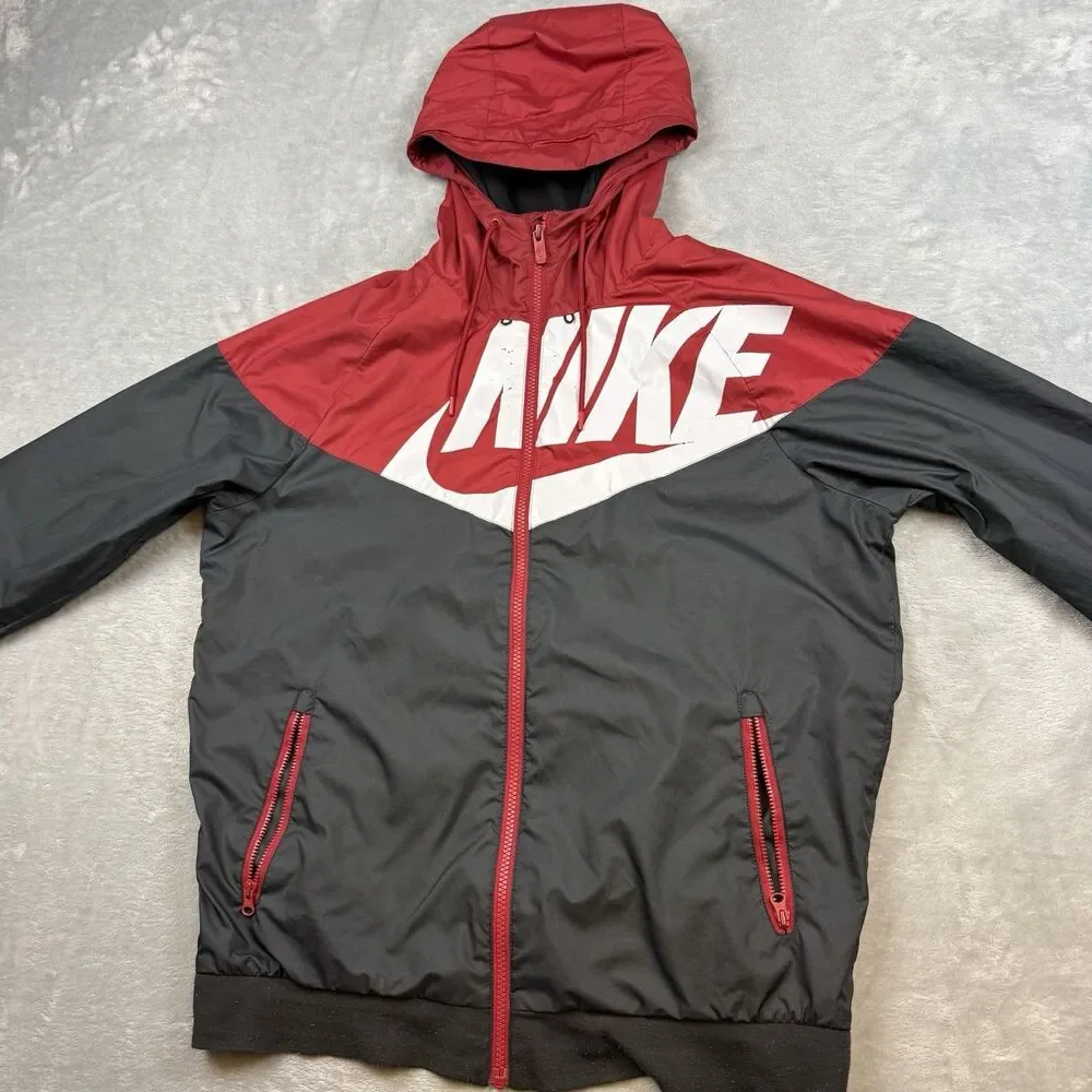 Nike Windrunner Hooded Windbreaker Jacket Red Black Big Logo Mens M